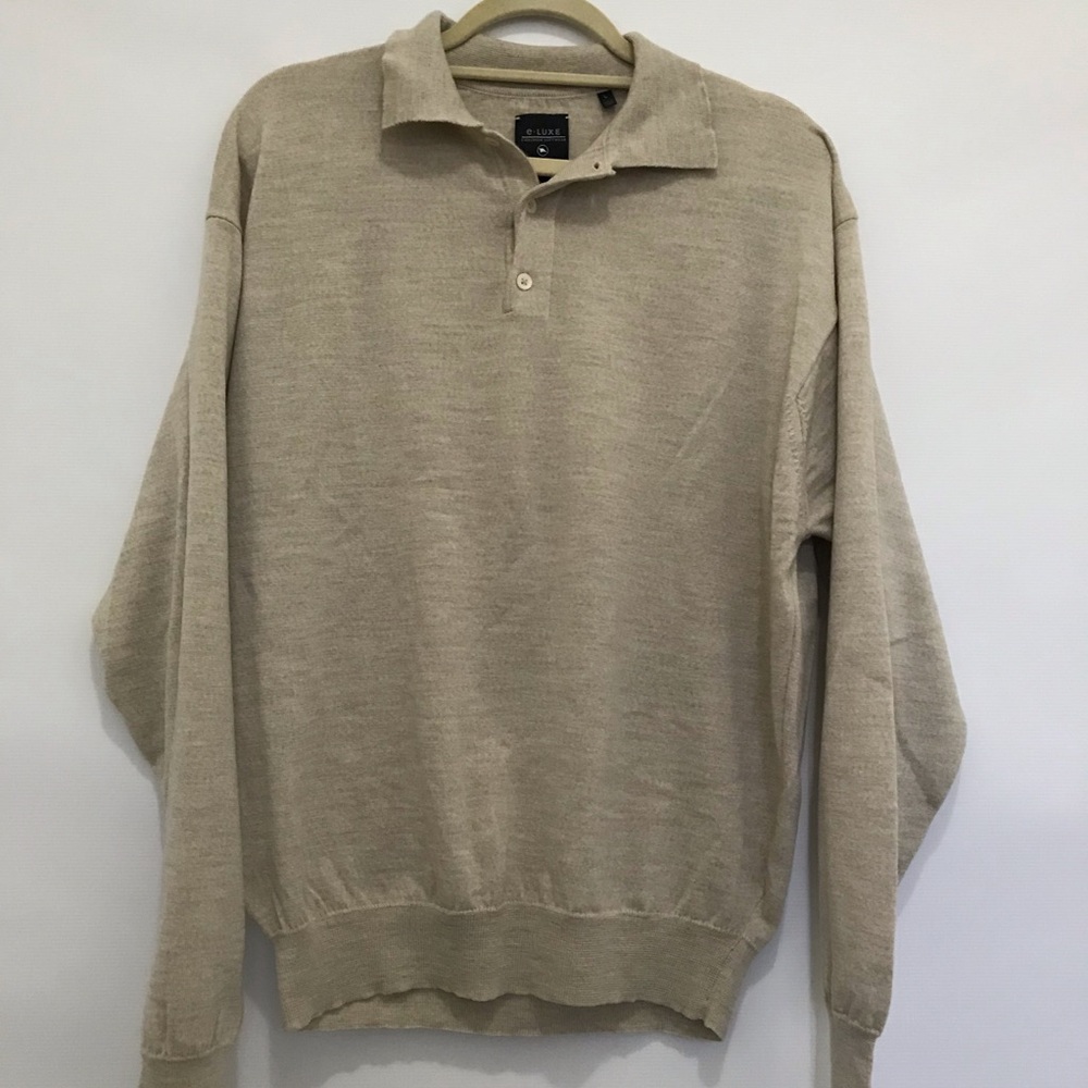 e-luxe  Merino Wool Men's Beige Polo Sweater Size L